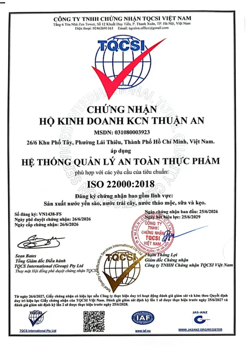 Giấy chứng nhận ISO 22000:2018 do TQCSI cấp cho HKD KCN Thuận An