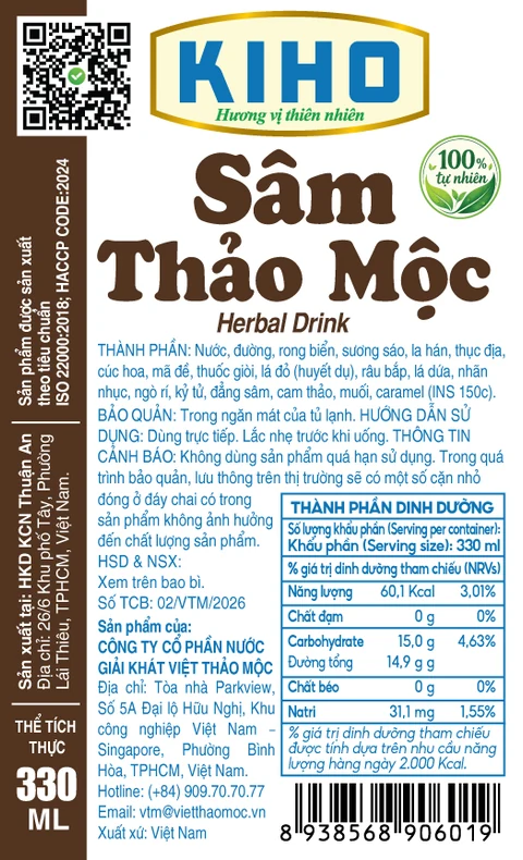 Nhãn chính thức Nước Sâm Thảo Mộc — hồ sơ tự công bố số 02/VTM/2026